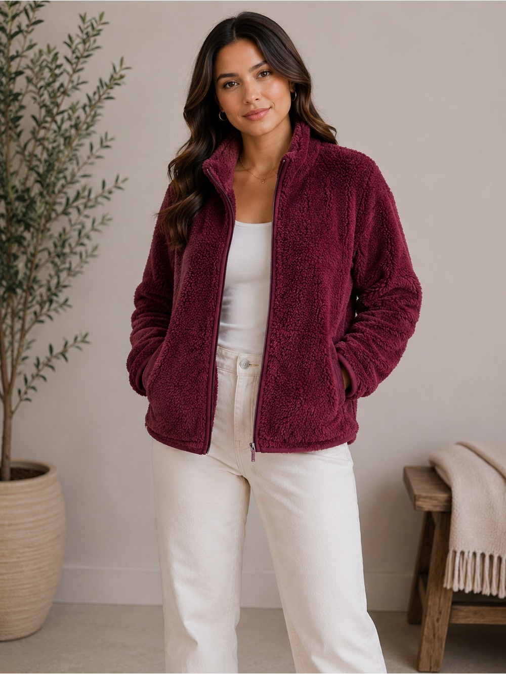 Uniqlo Kids Sherpa Full-Zip Jacket - Deep Wine